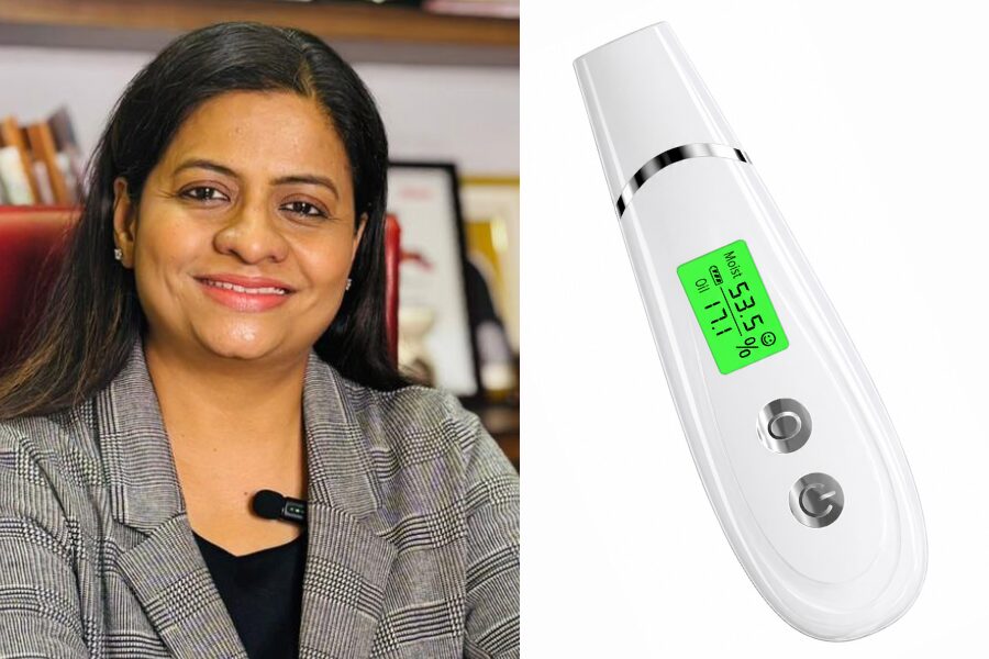 Leena Khandekar relies on a handheld facial skin scanner connected to an app.